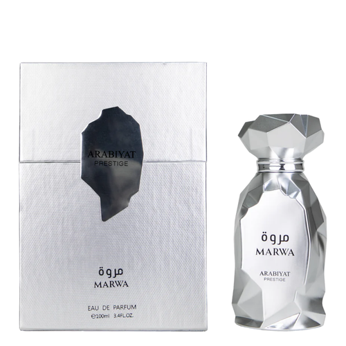 Marwa long lasting perfumes bottle and presentation box by Arabiyat Prestige. Polished, shiny silver bottle with angular features. My Perfumes. 