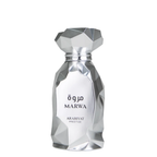 Marwa luxury perfumes bottle by Arabiyat Prestige. Polished, shiny silver bottle with angular features. My Perfumes. 