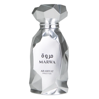 Marwa luxury perfumes bottle by Arabiyat Prestige. Polished, shiny silver bottle with angular features. My Perfumes. Clone / dupe of Imagination by Louis Vuitton.