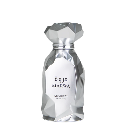 Marwa luxury perfumes bottle by Arabiyat Prestige. Polished, shiny silver bottle with angular features. My Perfumes. 
