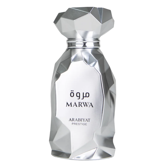 Marwa perfume bottle by Arabiyat Prestige. Polished, shiny silver bottle with angular features. My Perfumes. Clone / dupe of Imagination by Louis Vuitton.