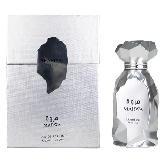 Marwa perfume bottle and presentation box by Arabiyat Prestige. Polished, shiny silver bottle with angular features. My Perfumes. Clone / dupe of Imagination by Louis Vuitton.