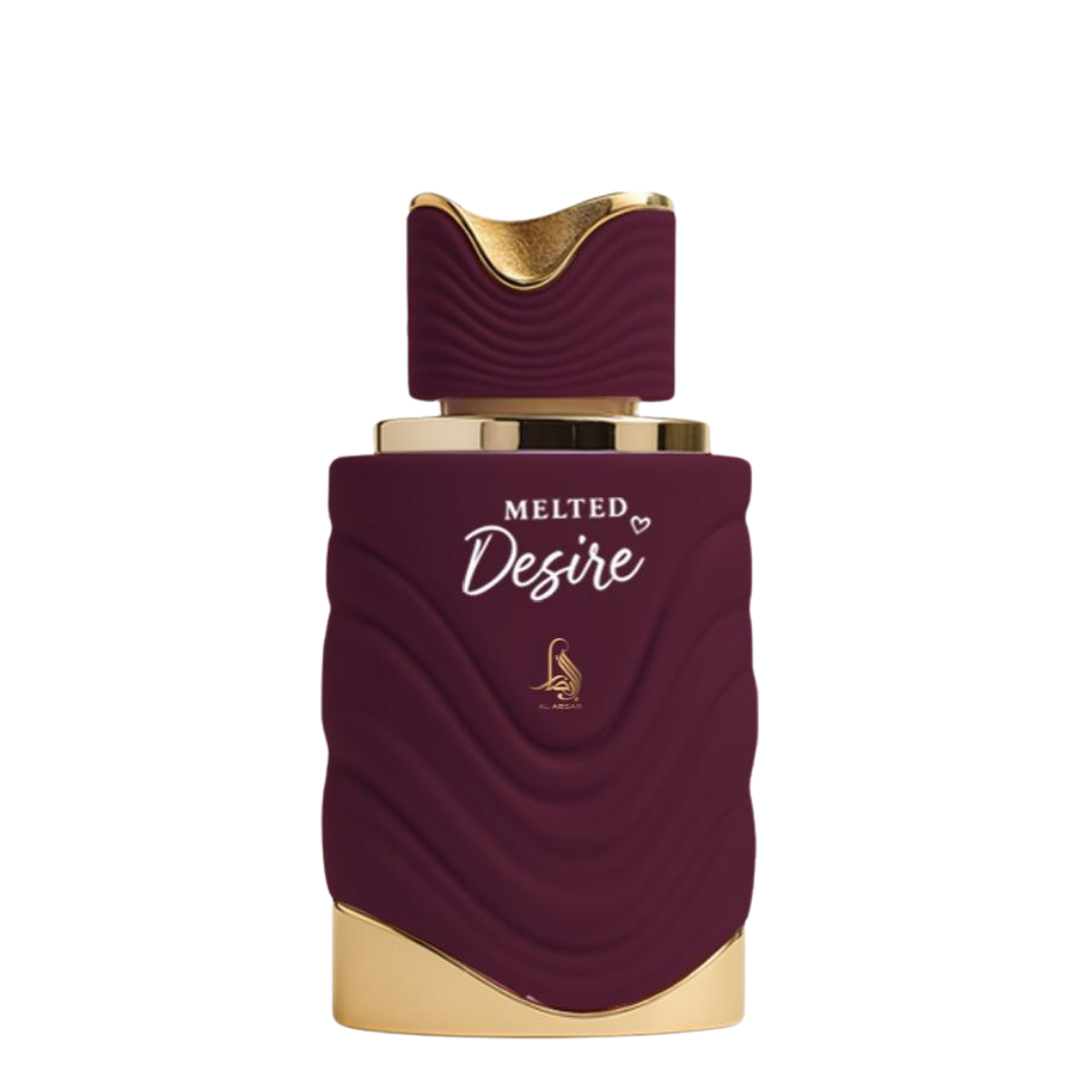 Perfume bottle labeled 'Melted Desire' with gold accents on a white background