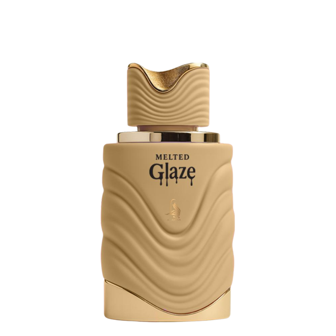 Gold perfume bottle labeled 'Melted Glaze' on a white background