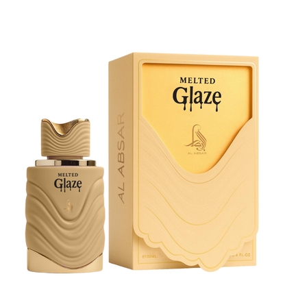 Beige perfume bottle and packaging of 'Melted Glaze' by Al Absar on a white background