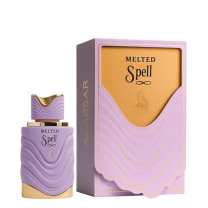 Purple perfume bottle with gold accents and matching box labeled 'Melted Spell' by Al Absar on a white background.