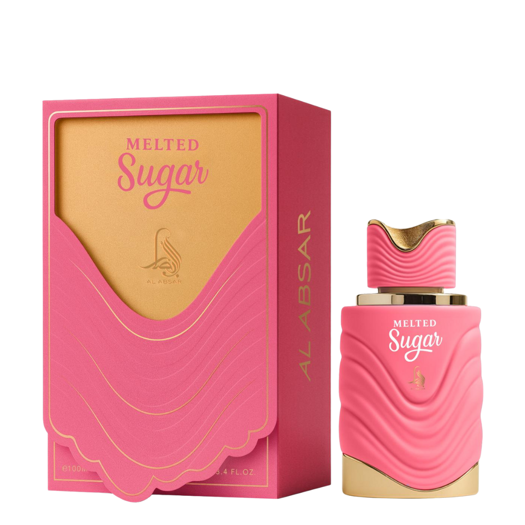 Pink perfume bottle and packaging with 'Melted Sugar' text on a white background