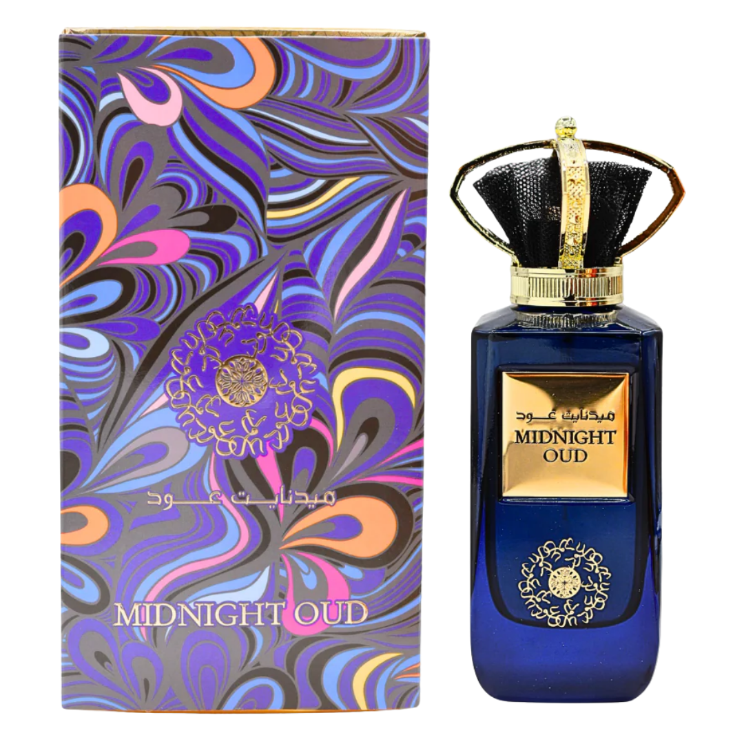 Perfume bottle and packaging of Midnight Oud with intricate design. Midnight Oud by Ard Al Zaafaran Unisex Perfume