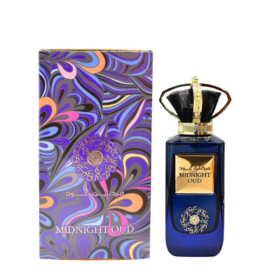 Perfume bottle and packaging of Midnight Oud with intricate design. Midnight Oud by Ard Al Zaafaran Unisex Perfume