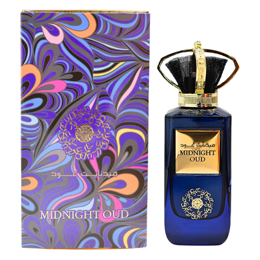 Perfume bottle and packaging of Midnight Oud with intricate design. Midnight Oud by Ard Al Zaafaran Unisex Perfume
