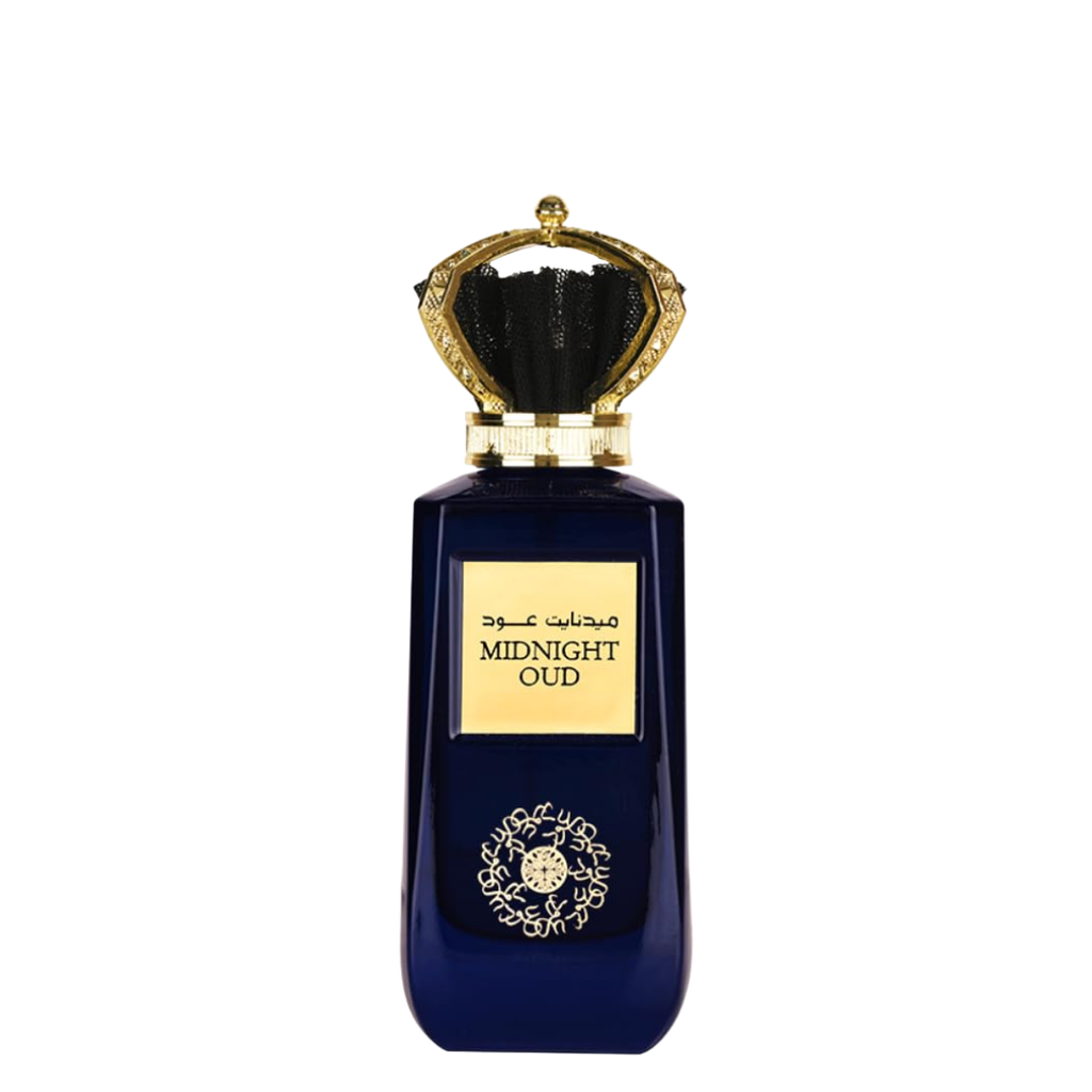 Blue perfume bottle with gold cap and label on a white background. Midnight Oud by Ard Al Zaafaran Unisex Perfume