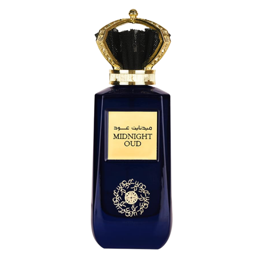 Blue perfume bottle with gold cap and label on a white background. Midnight Oud by Ard Al Zaafaran Unisex Perfume