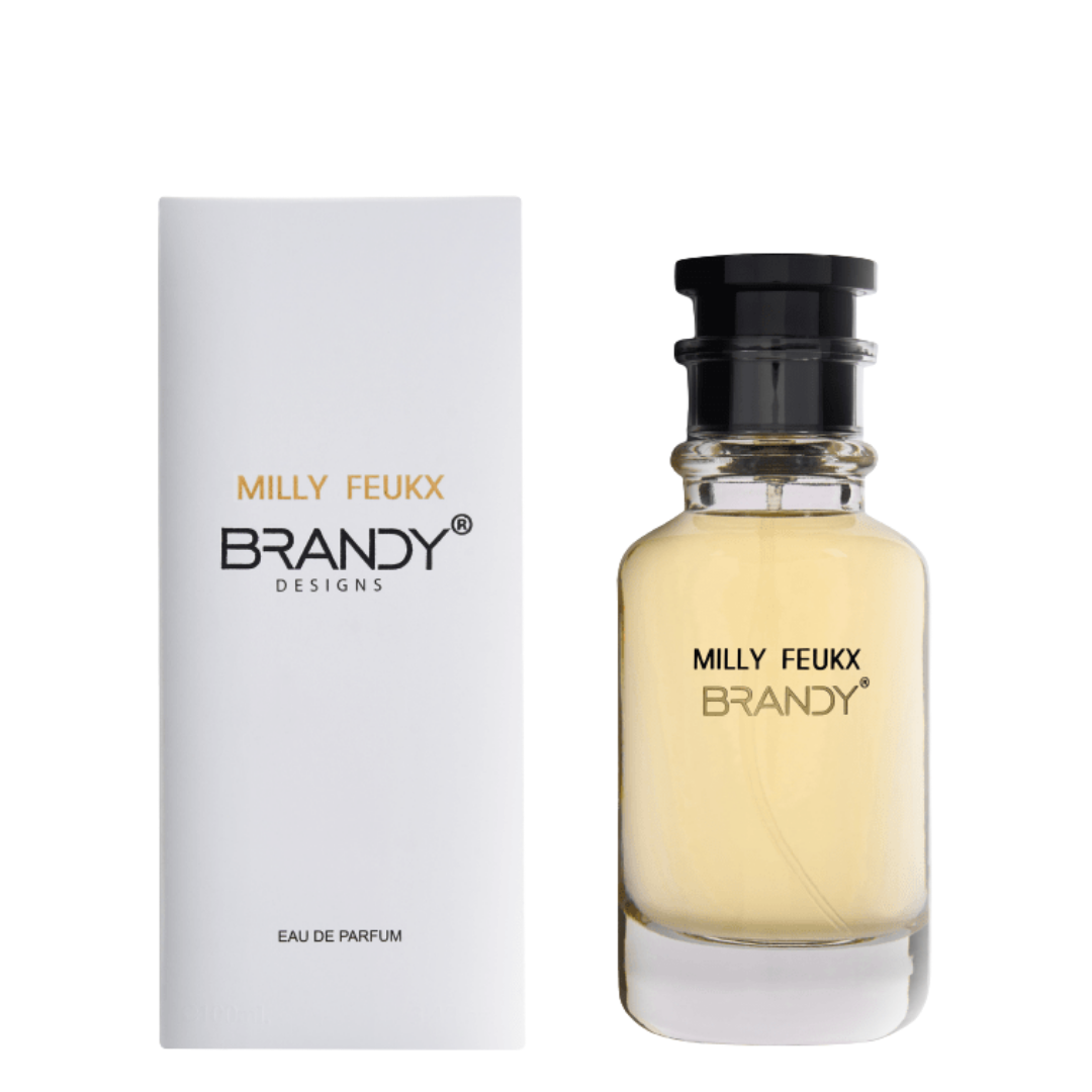 Brandy Designs Milly Feukx luxury perfume with packaging, unisex fragrance. Premium Arabian perfumes offering long lasting scent for men’s fragrances and women’s perfume.