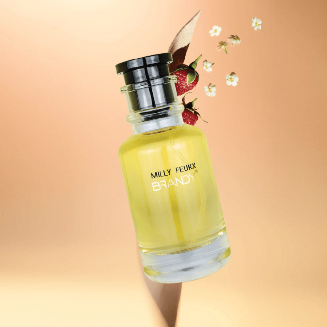 Brandy Designs Milly Feukx unisex fragrance bottle with floral and fruity notes. A luxury perfume from Arabian perfumes collection, perfect for both women’s fragrance and men’s perfume.