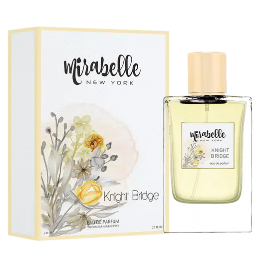 Mirabelle New York perfume bottle and packaging with floral design. Mirabelle Knight Bridge Unisex Perfume