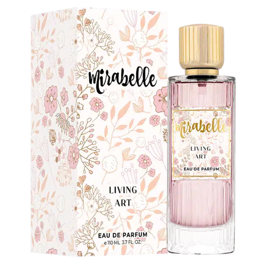 Mirabelle Eau de Parfum bottle and packaging with floral design. Mirabelle Living Art Unisex Perfume
