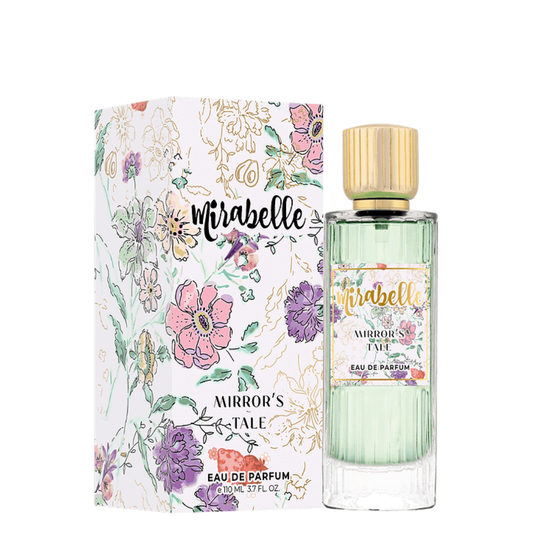 Mirabelle perfume bottle and packaging with floral design on a white background. Mirabelle Mirror's Tale Unisex Perfume