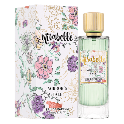 Mirabelle perfume bottle and packaging with floral design on a white background. Mirabelle Mirror's Tale Unisex Perfume