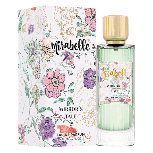 Mirabelle perfume bottle and packaging with floral design on a white background. Mirabelle Mirror's Tale Unisex Perfume