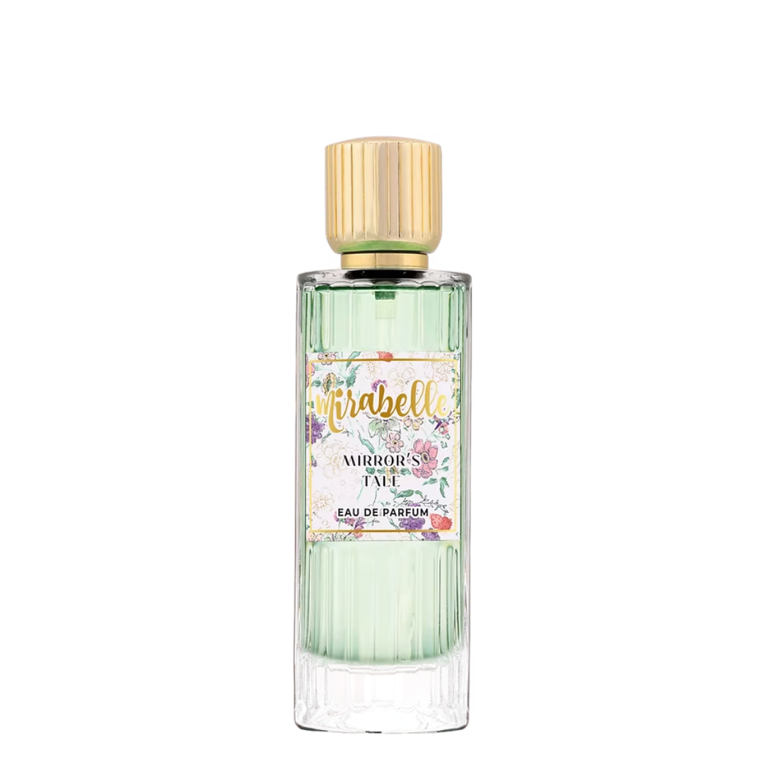 Perfume bottle with floral design on label against a white background. Mirabelle Mirror's Tale Unisex Perfume