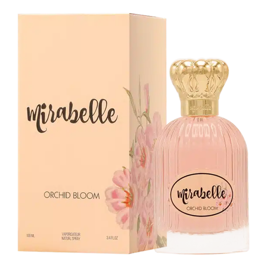 Mirabelle Orchid Bloom perfume bottle and packaging on a white background