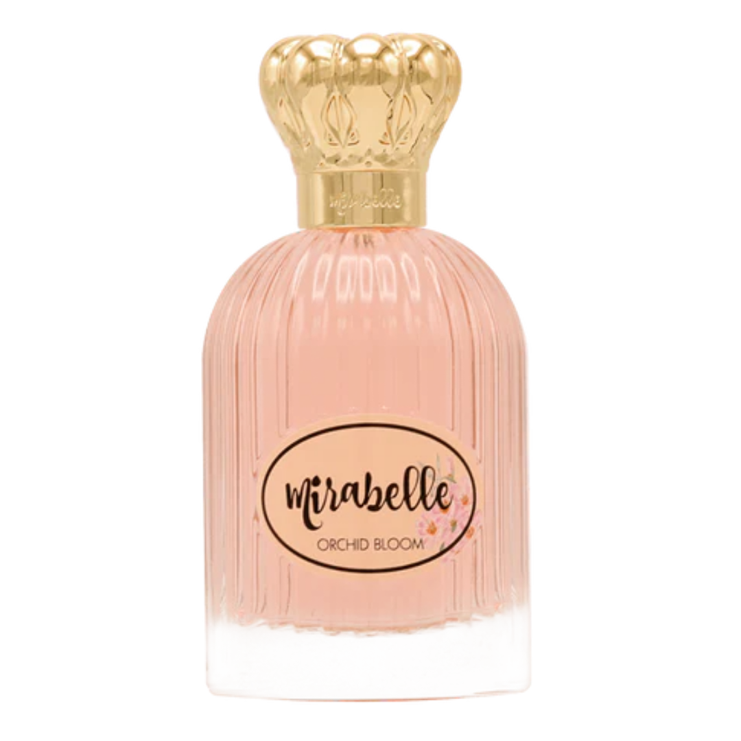 Perfume bottle with gold cap and 'mirabelle' label on a white background. Mirabelle Orchid Bloom Unisex Perfume