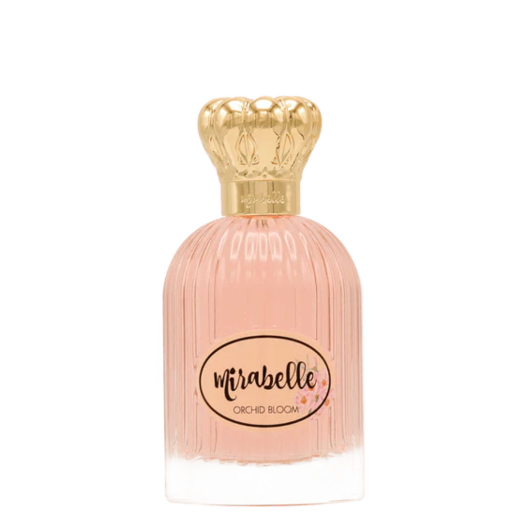 Perfume bottle with gold cap and 'mirabelle' label on a white background. Mirabelle Orchid Bloom Unisex Perfume