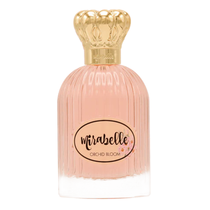 Perfume bottle with gold cap and 'mirabelle' label on a white background. Mirabelle Orchid Bloom Unisex Perfume