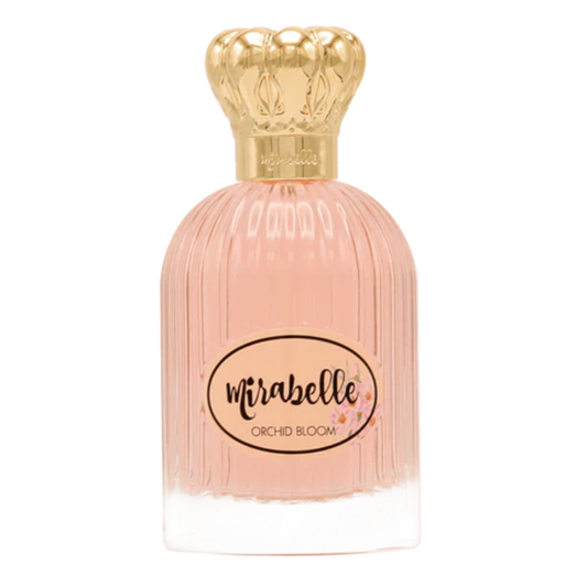 Perfume bottle with gold cap and 'mirabelle' label on a white background. Mirabelle Orchid Bloom Unisex Perfume