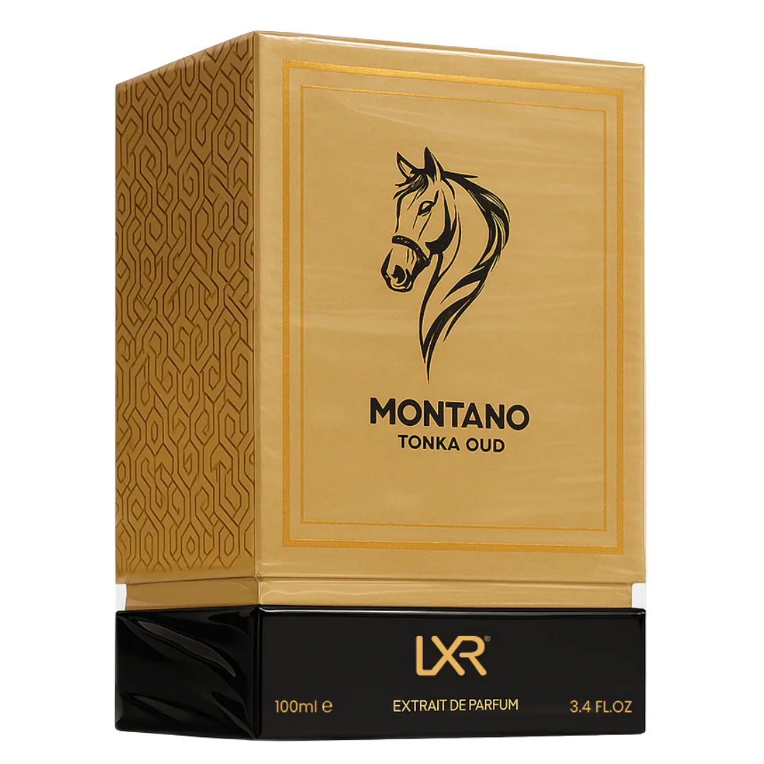 Montano Tonka Oud perfume packaging with horse logo and LXR branding.