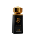 Perfume bottle with gold cap and black body featuring a horse logo on a white background. Montano Tonka Oud by LXR Unisex Perfume.