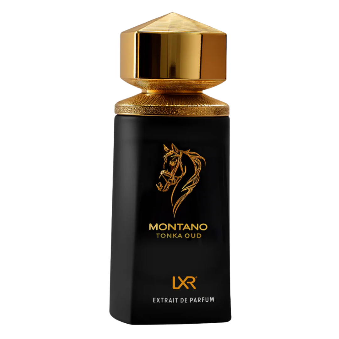 Perfume bottle with gold cap and black body featuring a horse logo on a white background. Montano Tonka Oud by LXR Unisex Perfume.