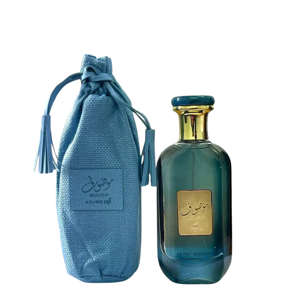 Mousuf Azure perfume with matching light blue drawstring pouch, premium unisex Arabic fragrance gift set. 