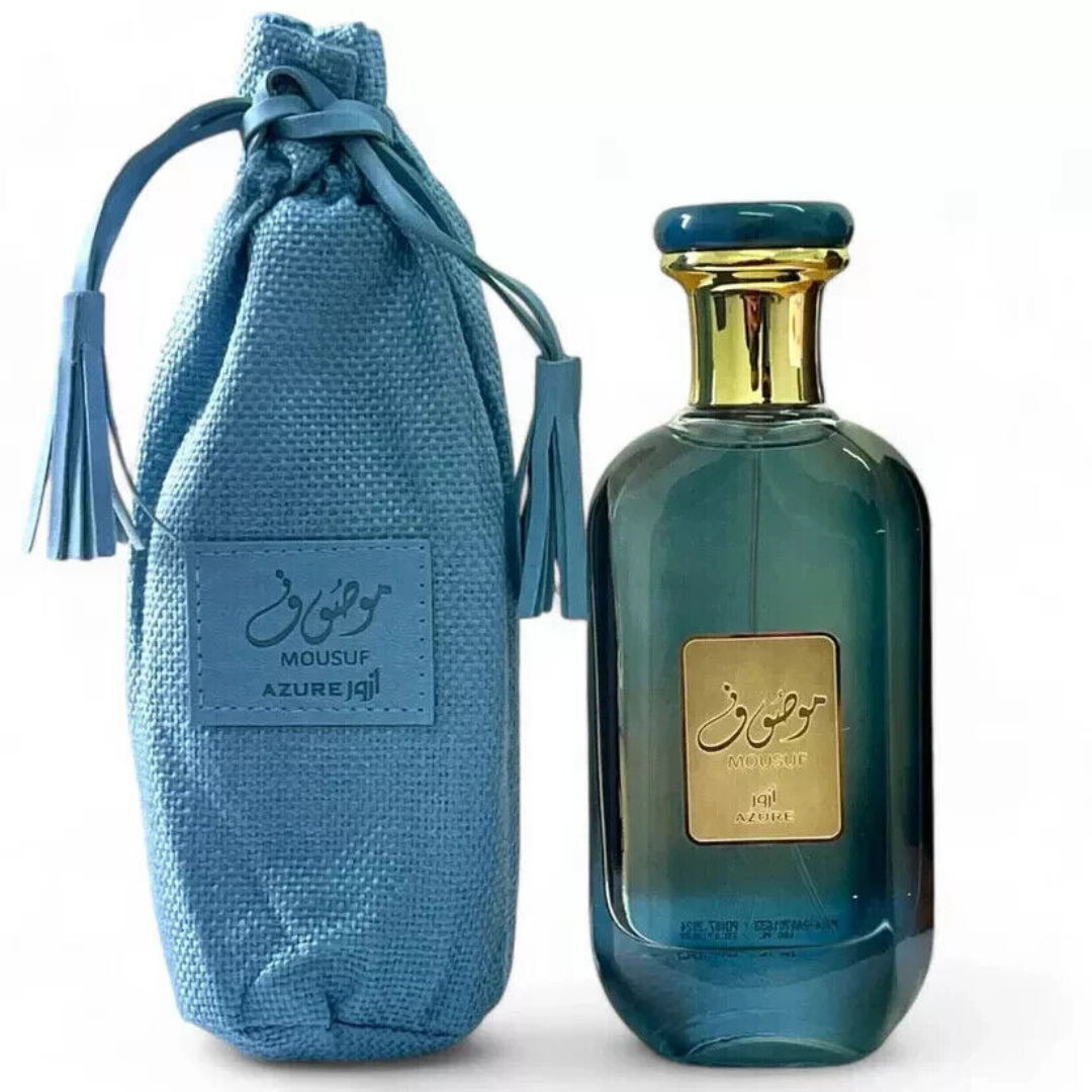 Mousuf Azure perfume with matching light blue drawstring pouch, premium unisex Arabic fragrance gift set. Clone / dupe of / inspired by Tom Ford - Azure Lime perfume.