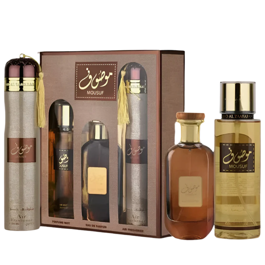 Set of Mousif perfume bottles with packaging on a white background. Mousuf Giftset by Ard Al Zaafaran Womens Perfume