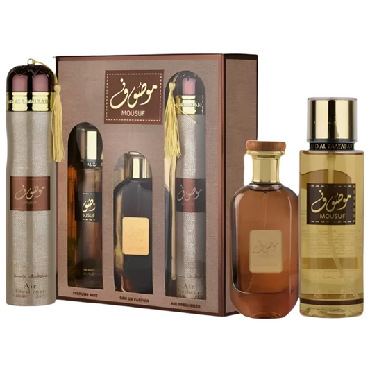 Set of Mousif perfume bottles with packaging on a white background. Mousuf Giftset by Ard Al Zaafaran Womens Perfume