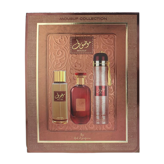 Mousuf Collection perfume set in a decorative box on a white background. Mousuf Giftset by Ard Al Zaafaran Womens Perfume