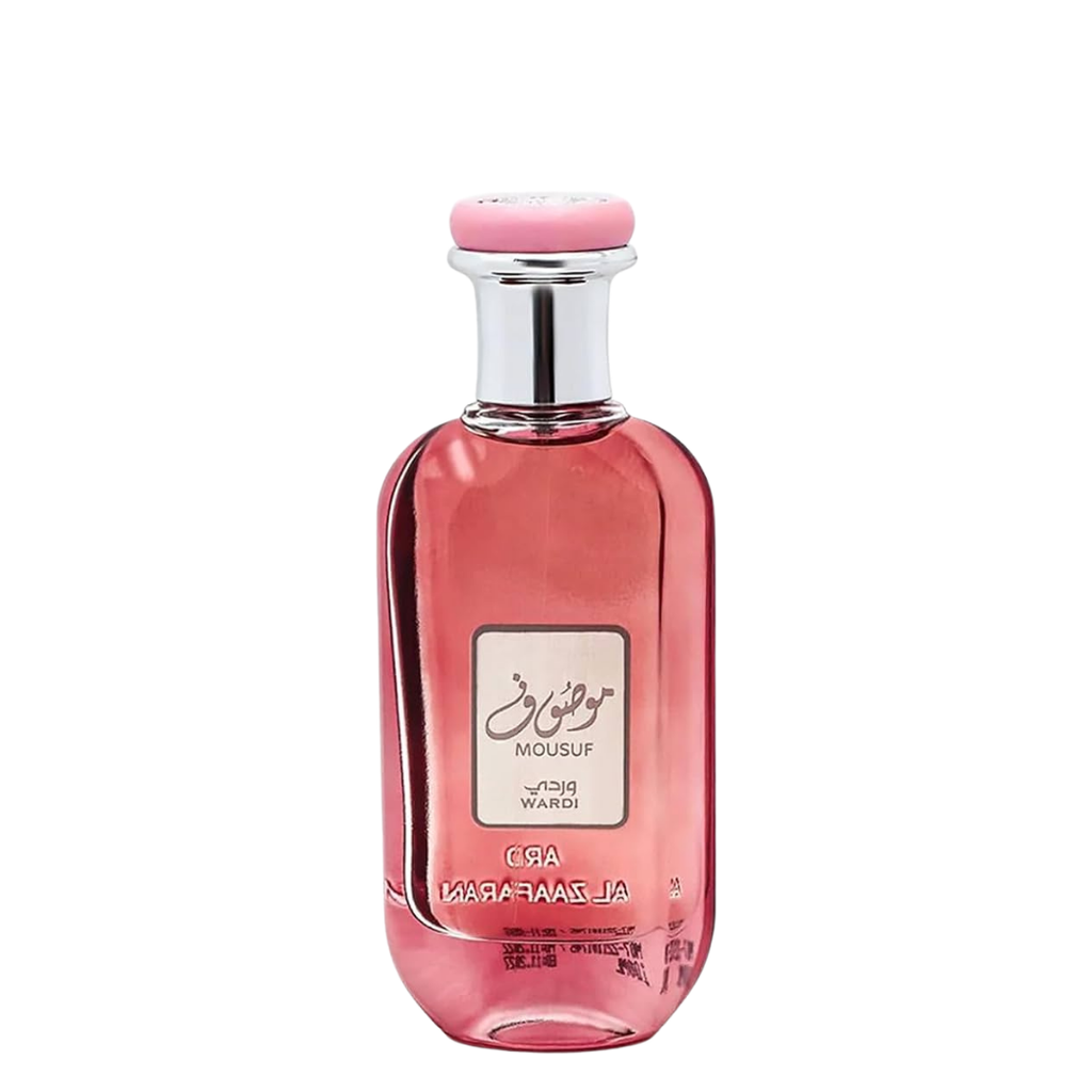 Luxury Mousuf Wardi Eau de Parfum in elegant pink bottle with silver cap, feminine floral fragrance by Ard Al Zaafaran, perfect for women seeking a sweet and romantic scent. A pink bottle of Mousuf Wardi perfume by Ard Al Zaafaran with a clear label and a silver cap. 