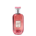 Luxury Mousuf Wardi Eau de Parfum in elegant pink bottle with silver cap, feminine floral fragrance by Ard Al Zaafaran, perfect for women seeking a sweet and romantic scent. A pink bottle of Mousuf Wardi perfume by Ard Al Zaafaran with a clear label and a silver cap. 