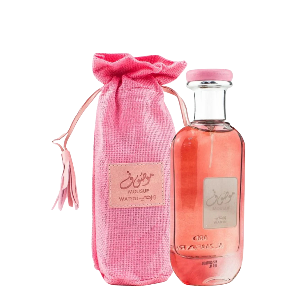 Mousuf Wardi perfume bottle with matching pink drawstring pouch by Ard Al Zaafaran, premium women’s fragrance with floral and fruity notes, ideal gift for her. 