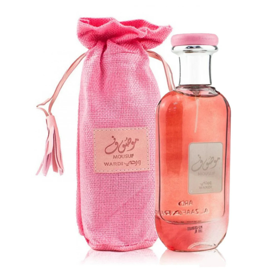 Mousuf Wardi perfume bottle with matching pink drawstring pouch by Ard Al Zaafaran, premium women’s fragrance with floral and fruity notes, ideal gift for her. Clone / dupe of / inspired by Mugler - Angel Nova perfume.