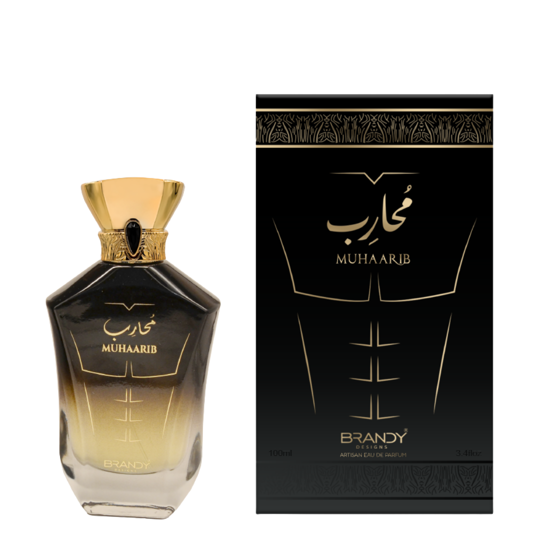 Black and gold perfume bottle with packaging labeled 'Muhaarib' on a white background. Muhaarib by Brandy Designs Mens Perfume