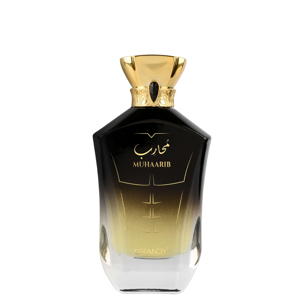 Perfume bottle labeled 'Muhaarib' with gold cap on a white background. Muhaarib by Brandy Designs Mens Perfume