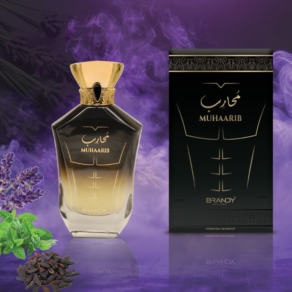 Muhaarib Brandy perfume bottle and packaging on a purple background with lavender and mint leaves. Muhaarib by Brandy Designs Mens Perfume