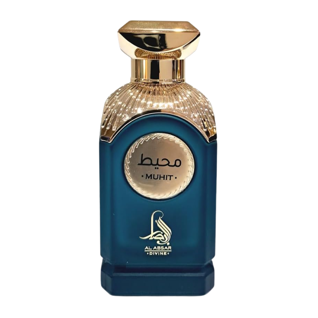 Perfume bottle with gold cap and blue body on a white background. Muhit by Al Absar Unisex Perfume