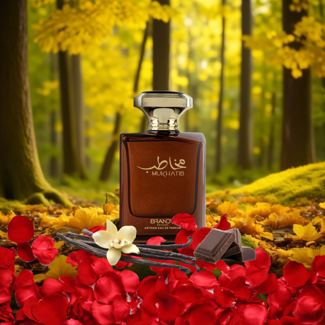 Perfume bottle with flowers and brand name in a forest setting. Mukhatib by Brandy Designs Mens Perfume