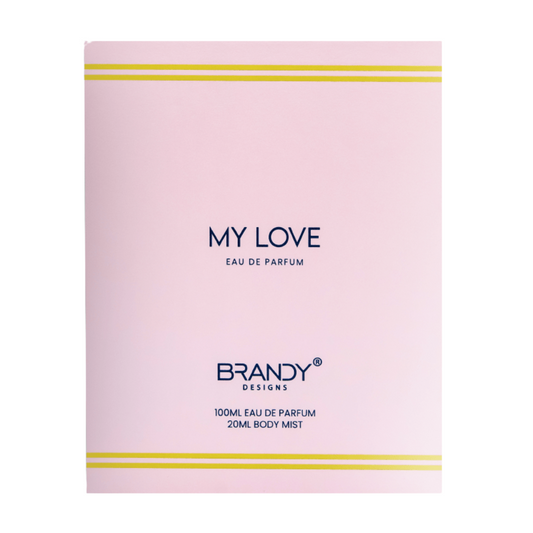 Brandy Designs 'My Love' perfume packaging on a pink background. My Love Giftset by Brandy Designs Womens Perfume