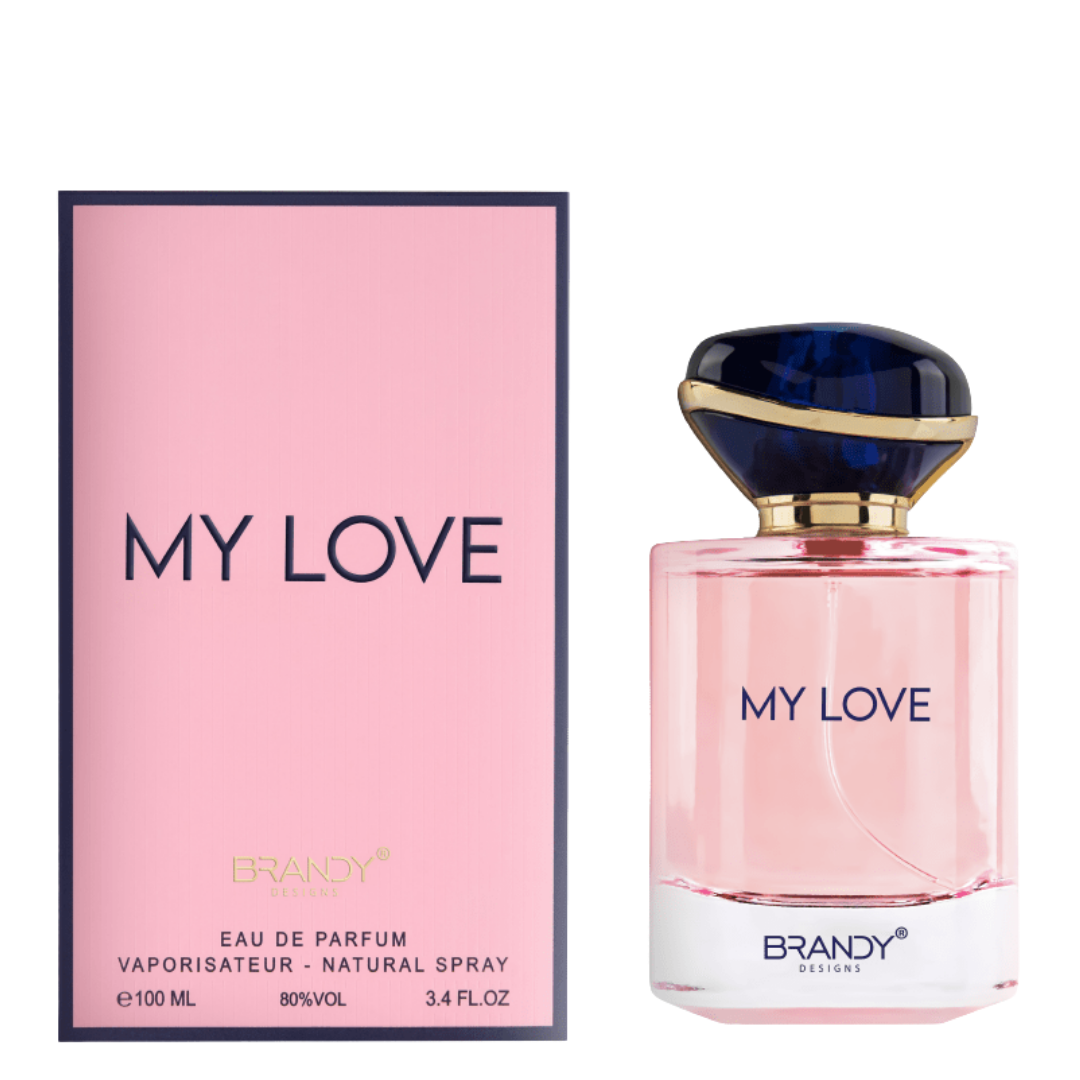 Brandy 'My Love' perfume bottle and packaging on a white background. My Love by Brandy Designs Womens Perfume.