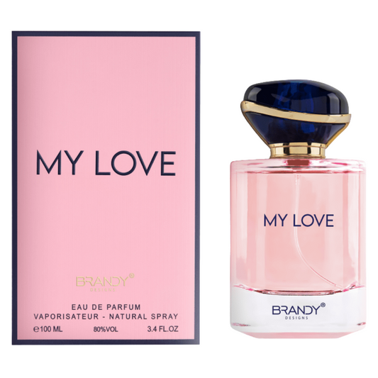 Brandy 'My Love' perfume bottle and packaging on a white background. My Love by Brandy Designs Womens Perfume.