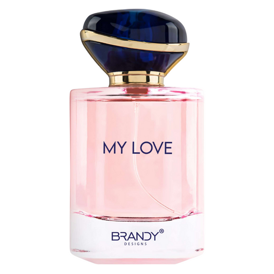 Perfume bottle labeled 'My Love' by Brandy Designs on a white background.